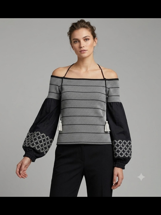 INC International Concepts Sweaters - Inc Off-Shoulder Black and White Smocked Patterned Blouse with Balloon Sleeves